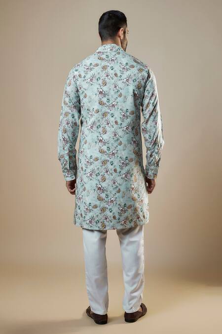 Shop Spring Break Blue Rayon, Cotton Embroidery Floral Print Jacket And Kurta Set at Aza Fashions Shop_Spring Break_Blue Rayon, Cotton Embroidery Floral Print Jacket And Kurta Set_at_Aza_Fashions