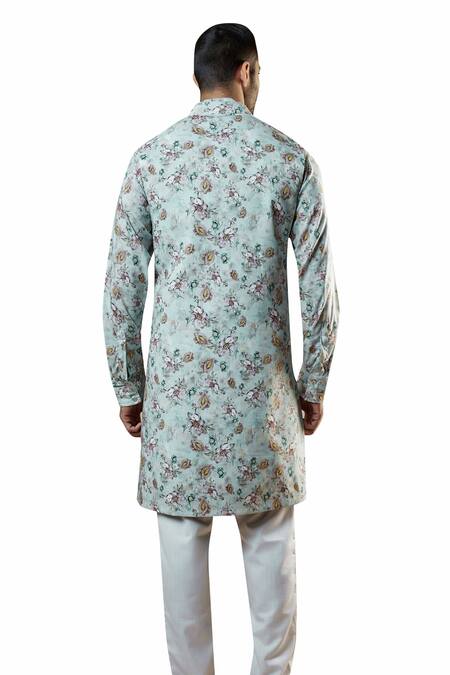Shop Spring Break Blue Rayon, Cotton Embroidery Floral Print Jacket And Kurta Set Online at Aza Fashions Shop_Spring Break_Blue Rayon, Cotton Embroidery Floral Print Jacket And Kurta Set_Online_at_Aza_Fashions