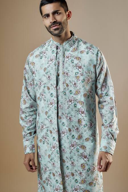 Spring Break Blue Rayon, Cotton Embroidery Floral Print Jacket And Kurta Set at Aza Fashions Spring Break_Blue Rayon, Cotton Embroidery Floral Print Jacket And Kurta Set_at_Aza_Fashions