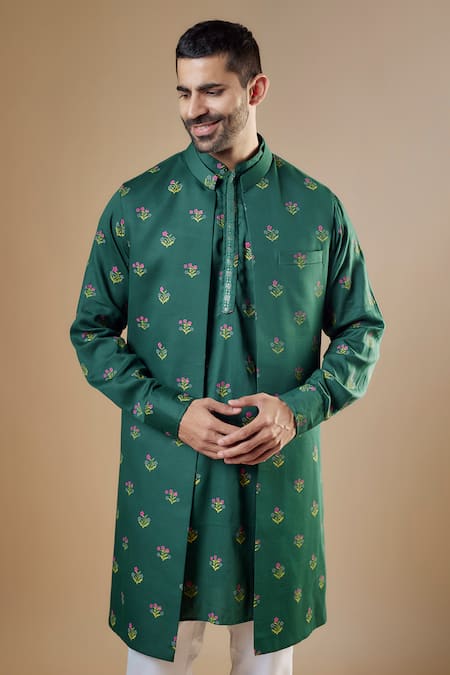Buy_Spring Break_Green Rayon, Cotton Embroidery Floral Print Open Jacket And Kurta Set _Online_at_Aza_Fashions