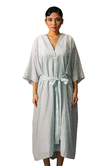 Shop_Karishma Kajaria_Blue Cotton, Silk Pearls V-neck Floral Embroidered Kaftan With Inner _Online_at_Aza_Fashions
