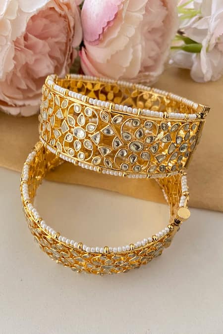 Namasya_Gold Plated Beads, Diamonds Jaal Kundan Embellished Bangles - Set Of 2 _Online_at_Aza_Fashions