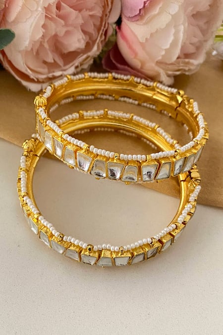 Namasya_Gold Plated Beads, Diamonds Geometric Placed Kundan Bangles - Set Of 2 _Online_at_Aza_Fashions