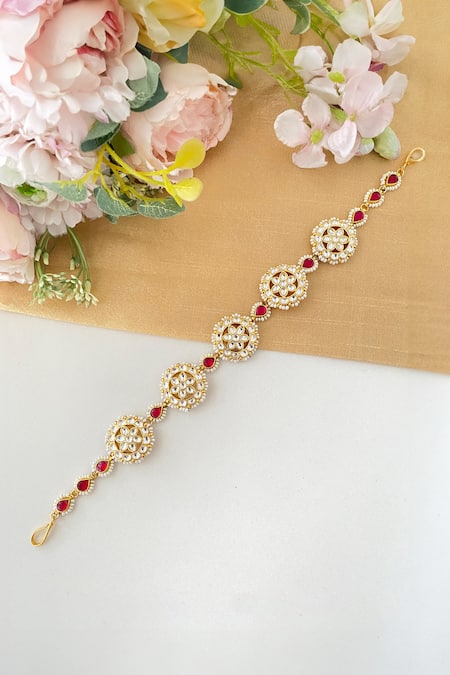 Shop_Namasya_Pink Floral Kundan Embellished Sheeshphool _at_Aza_Fashions