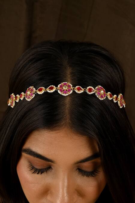 Namasya Pink Kundan And Stone Embellished Sheeshphool Online at Aza Fashions Namasya_Pink Kundan And Stone Embellished Sheeshphool _Online_at_Aza_Fashions