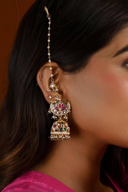 Namasya_Green Chaand Kundan Embellished Jhumkas _Online_at_Aza_Fashions