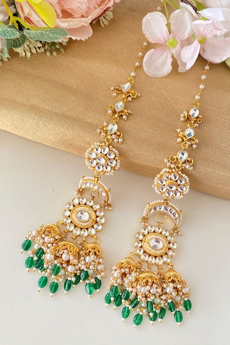 Shop_Namasya_Green Pearls, Stones Kundan Studded Chandelier Earrings _at_Aza_Fashions