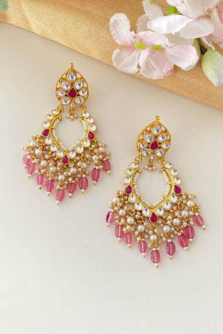 Shop_Namasya_Pink Diamonds, Pearls, Stones Kundan Embellished Droplet Earring _at_Aza_Fashions