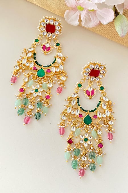 Shop_Namasya_Pink Pearls, Gota Patti, Stones Embellished Long Chandelier Earrings _at_Aza_Fashions