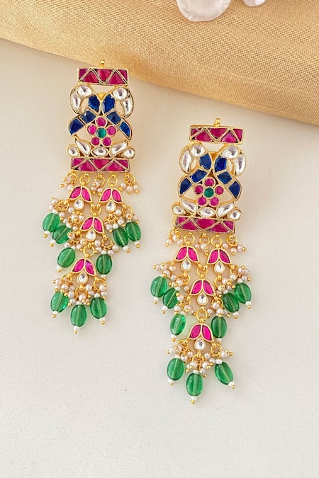 Shop Namasya Green Pearls, Stones Peacock Embellished Chandelier Earrings at Aza Fashions Shop_Namasya_Green Pearls, Stones Peacock Embellished Chandelier Earrings _at_Aza_Fashions