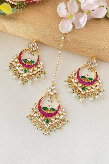 Shop Namasya Pink Pearls, Stones Kundan Embellished Chandbalis And Maangtikka Set at Aza Fashions Shop_Namasya_Pink Pearls, Stones Kundan Embellished Chandbalis And Maangtikka Set_at_Aza_Fashions