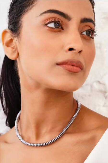 Shop_Kastiya Jewels_Silver Plated Doughnut Natural Hematite Choker Necklace_Online_at_Aza_Fashions