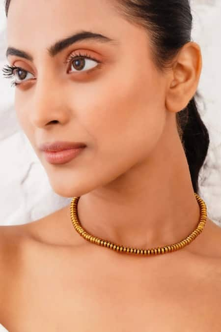 Kastiya Jewels Gold Plated Semi Precious Stone Doughnut Shaped Natural Hematite Choker Necklace 