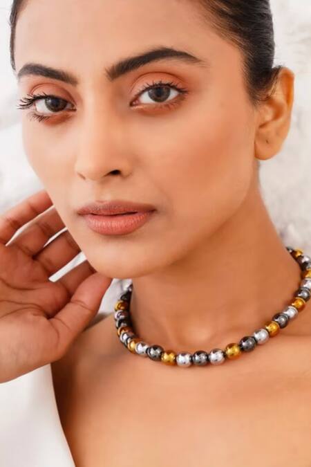Shop_Kastiya Jewels_Multi Color Natural Hematite Stone Embellished Necklace_Online_at_Aza_Fashions