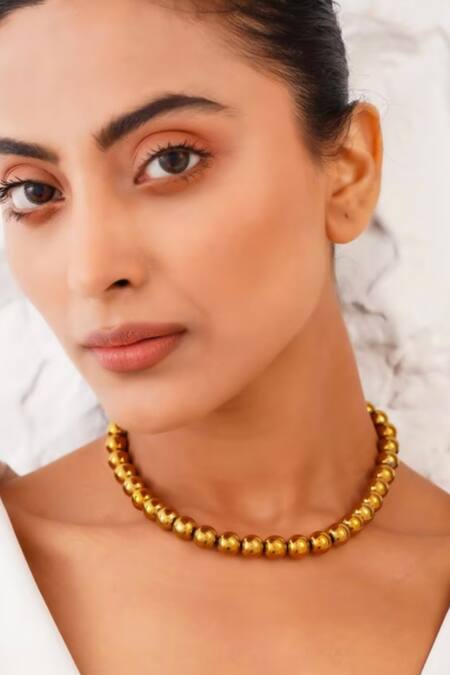 Shop_Kastiya Jewels_Gold Plated Natural Hematite Embellished Necklace_Online_at_Aza_Fashions