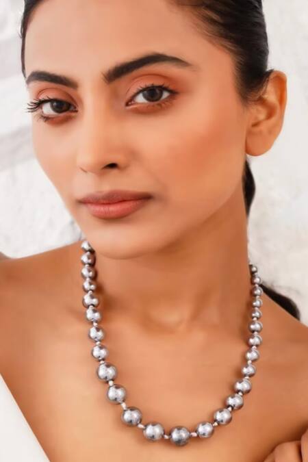 Shop_Kastiya Jewels_Silver Plated Natural Hematite Graduation Choker Necklace_Online_at_Aza_Fashions