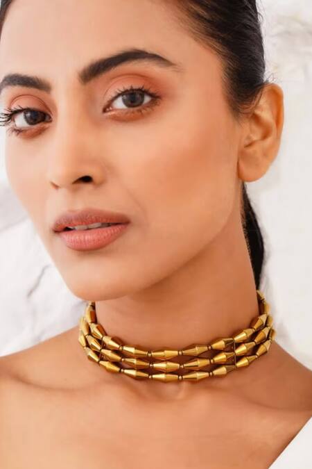 Buy_Kastiya Jewels_Gold Plated Natural Hematite Embellished Layered Necklace_Online_at_Aza_Fashions