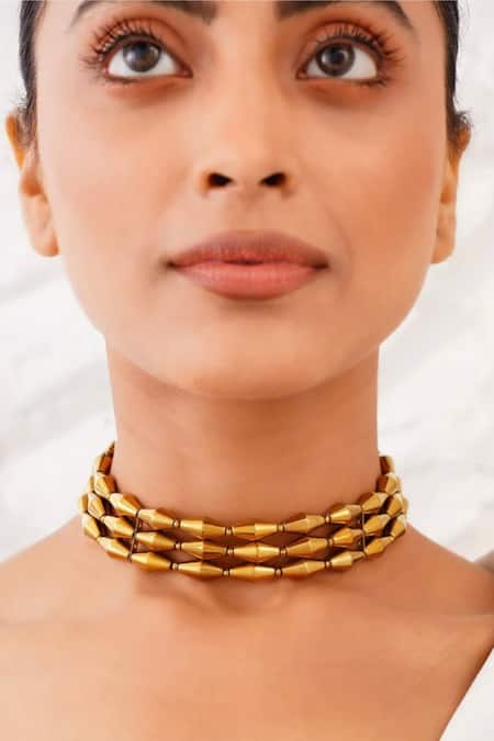 Shop_Kastiya Jewels_Gold Plated Natural Hematite Embellished Layered Necklace_Online_at_Aza_Fashions