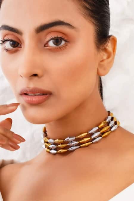Shop_Kastiya Jewels_Multi Color Triple Layered Natural Hematite Choker Necklace_Online_at_Aza_Fashions