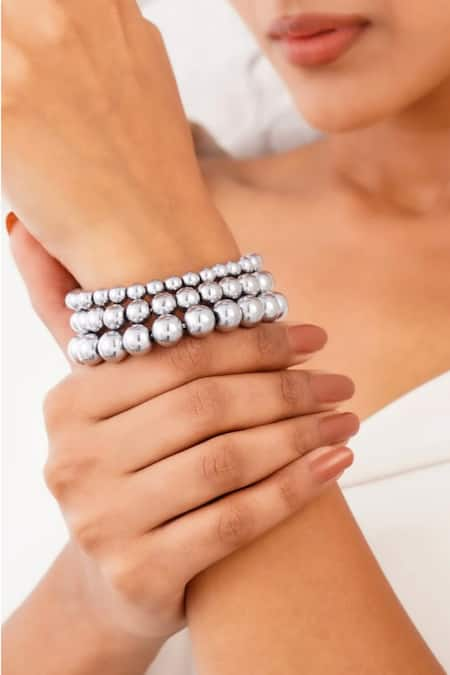 Kastiya Jewels Silver Plated Semi Precious Stone Natural Hematite Embellished Stack Bracelet 