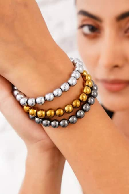 Kastiya Jewels Multi Color Gold Stack Bracelet Embellished With Multicolored Natural Hematite 