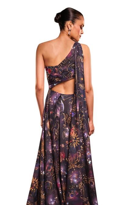 Ohaila Khan Multi Color Polyester Pearls, Navy Starburst Constellation Print Saree Gown at Aza Fashions Ohaila Khan_Multi Color Polyester Pearls, Navy Starburst Constellation Print Saree Gown _at_Aza_Fashions