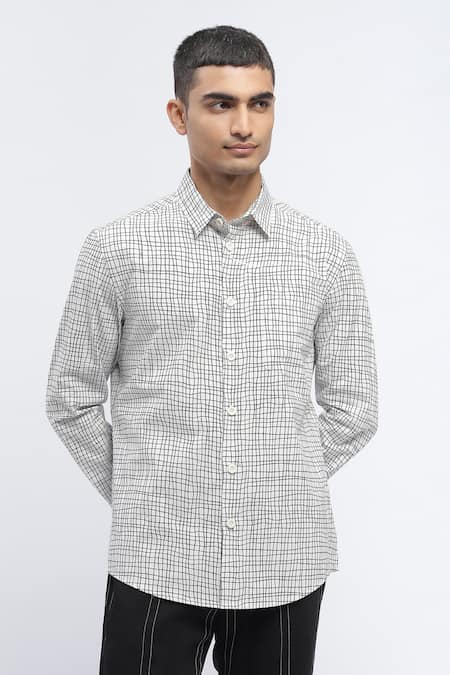 Abraham And Thakore_Ivory Cotton Abstract Checks Print Shirt _Online_at_Aza_Fashions