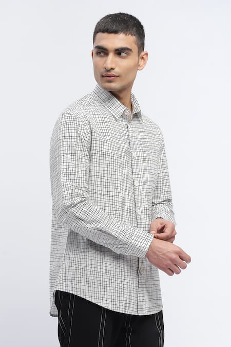 Shop_Abraham And Thakore_Ivory Cotton Abstract Checks Print Shirt _Online_at_Aza_Fashions