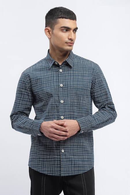 Abraham And Thakore_Blue Cotton Abstract Checks Print Shirt _Online_at_Aza_Fashions