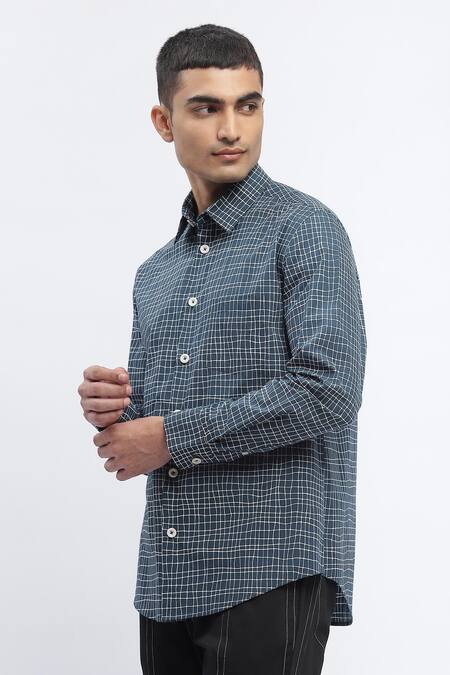 Buy_Abraham And Thakore_Blue Cotton Abstract Checks Print Shirt _Online_at_Aza_Fashions