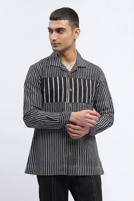 Abraham And Thakore_Black Cotton Stripe Print Shirt _Online_at_Aza_Fashions