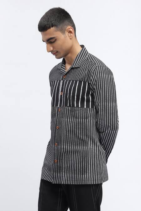 Buy_Abraham And Thakore_Black Cotton Stripe Print Shirt _Online_at_Aza_Fashions