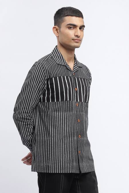 Shop_Abraham And Thakore_Black Cotton Stripe Print Shirt _Online_at_Aza_Fashions