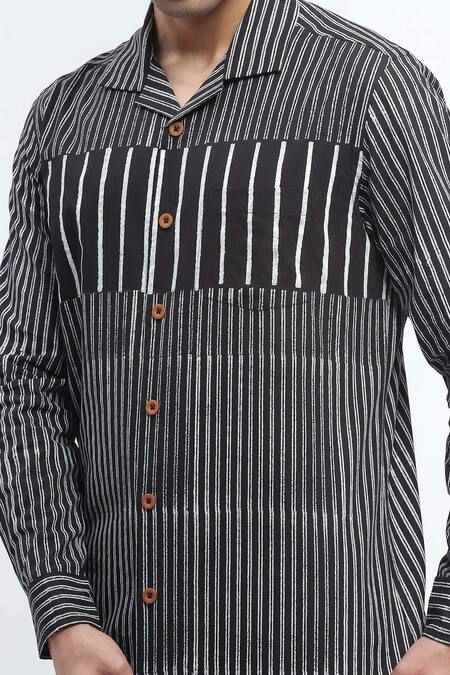 Abraham And Thakore_Black Cotton Stripe Print Shirt _at_Aza_Fashions