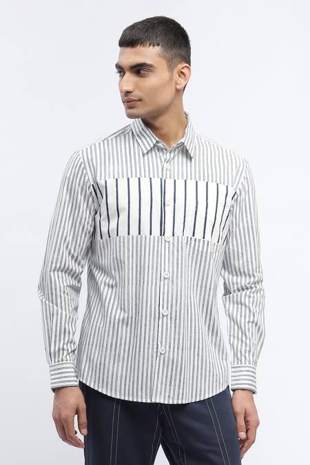 Abraham And Thakore White Cotton Pure Stripe Print Shirt Online at Aza Fashions Abraham And Thakore_White Cotton Pure Stripe Print Shirt _Online_at_Aza_Fashions