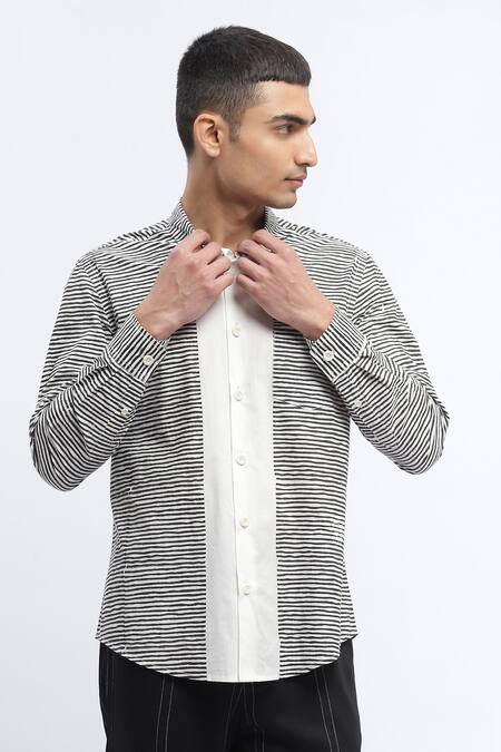 Abraham And Thakore Ivory Cotton Pure Stripe Print Panel Shirt Online at Aza Fashions Abraham And Thakore_Ivory Cotton Pure Stripe Print Panel Shirt _Online_at_Aza_Fashions