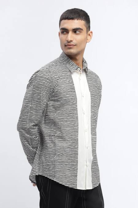 Shop Abraham And Thakore Ivory Cotton Pure Stripe Print Panel Shirt Online at Aza Fashions Shop_Abraham And Thakore_Ivory Cotton Pure Stripe Print Panel Shirt _Online_at_Aza_Fashions