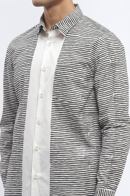 Abraham And Thakore Ivory Cotton Pure Stripe Print Panel Shirt at Aza Fashions Abraham And Thakore_Ivory Cotton Pure Stripe Print Panel Shirt _at_Aza_Fashions