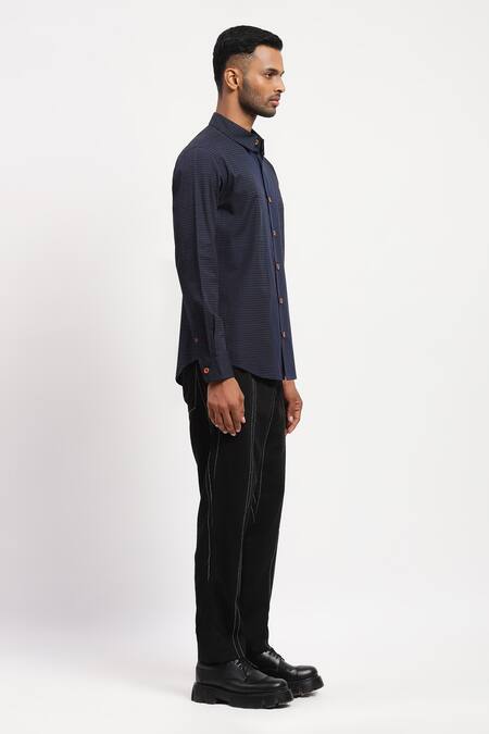 Buy_Abraham And Thakore_Blue Cotton Horizontal Stripe Print Panel Shirt _Online_at_Aza_Fashions