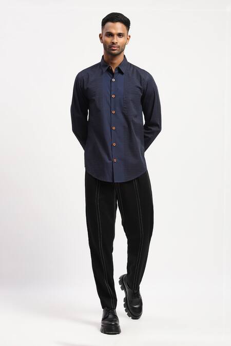 Shop_Abraham And Thakore_Blue Cotton Horizontal Stripe Print Panel Shirt _Online_at_Aza_Fashions