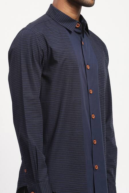 Abraham And Thakore_Blue Cotton Horizontal Stripe Print Panel Shirt _at_Aza_Fashions