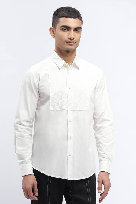 Abraham And Thakore Ivory Cotton Textured Yoke Shirt Online at Aza Fashions Abraham And Thakore_Ivory Cotton Textured Yoke Shirt _Online_at_Aza_Fashions