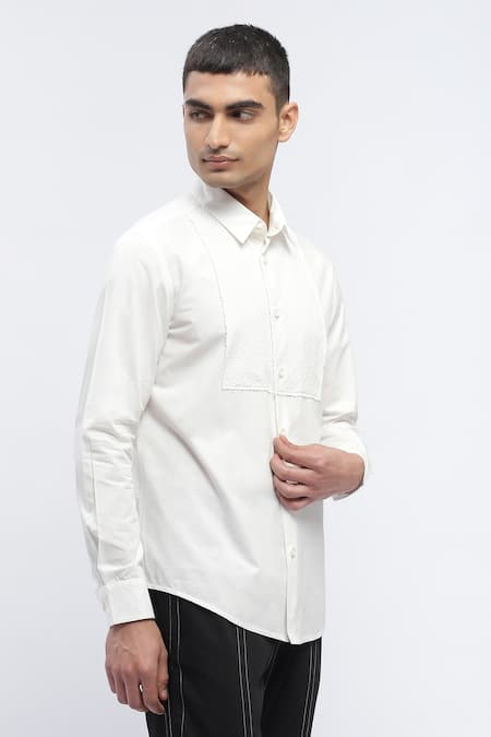 Shop Abraham And Thakore Ivory Cotton Textured Yoke Shirt Online at Aza Fashions Shop_Abraham And Thakore_Ivory Cotton Textured Yoke Shirt _Online_at_Aza_Fashions