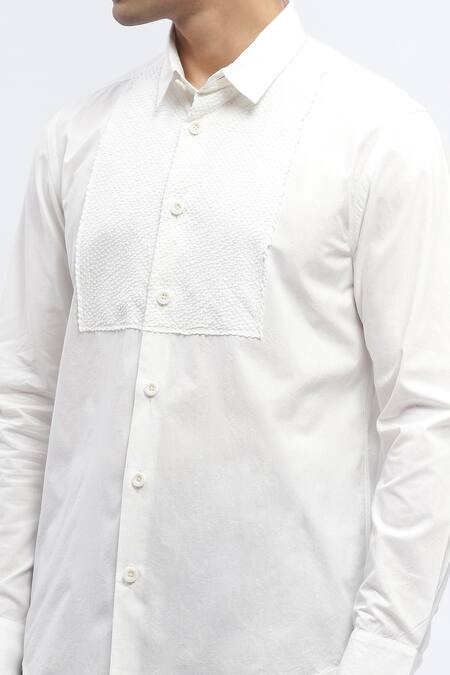 Abraham And Thakore Ivory Cotton Textured Yoke Shirt at Aza Fashions Abraham And Thakore_Ivory Cotton Textured Yoke Shirt _at_Aza_Fashions