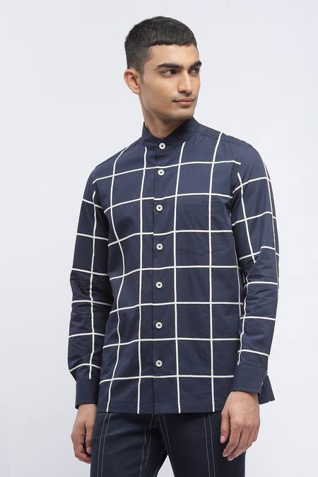 Abraham And Thakore Blue Cotton Checks Print Shirt Online at Aza Fashions Abraham And Thakore_Blue Cotton Checks Print Shirt _Online_at_Aza_Fashions