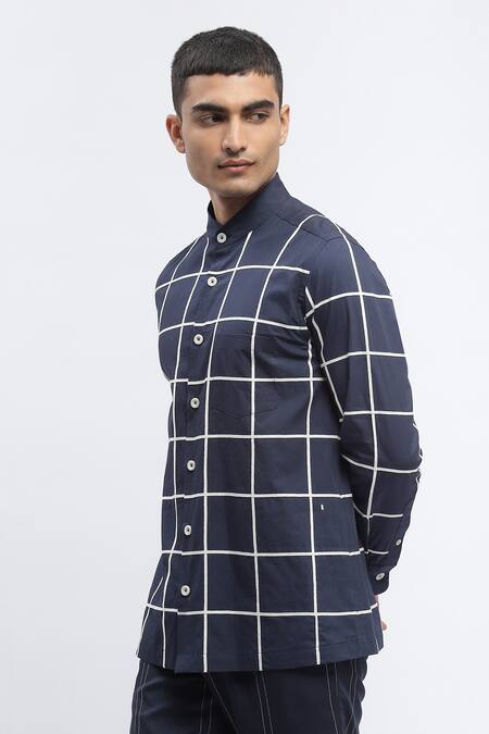 Buy Abraham And Thakore Blue Cotton Checks Print Shirt Online at Aza Fashions Buy_Abraham And Thakore_Blue Cotton Checks Print Shirt _Online_at_Aza_Fashions