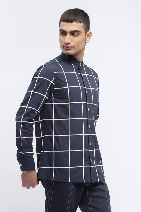 Shop Abraham And Thakore Blue Cotton Checks Print Shirt Online at Aza Fashions Shop_Abraham And Thakore_Blue Cotton Checks Print Shirt _Online_at_Aza_Fashions