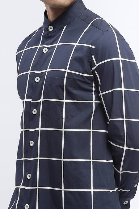 Abraham And Thakore Blue Cotton Checks Print Shirt at Aza Fashions Abraham And Thakore_Blue Cotton Checks Print Shirt _at_Aza_Fashions