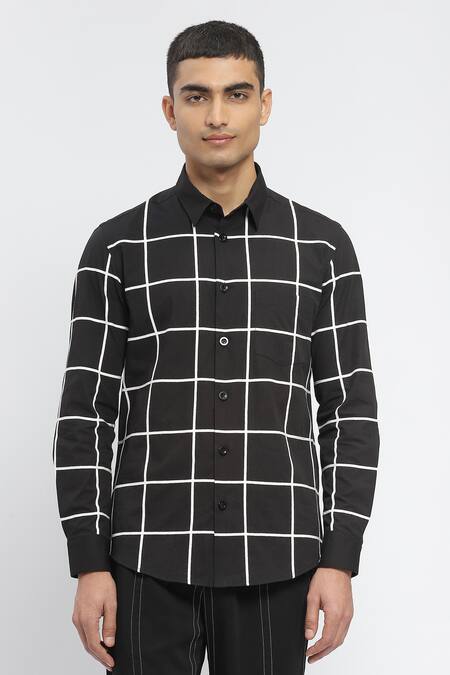 Abraham And Thakore_Black Cotton Classic Checks Print Shirt_Online_at_Aza_Fashions