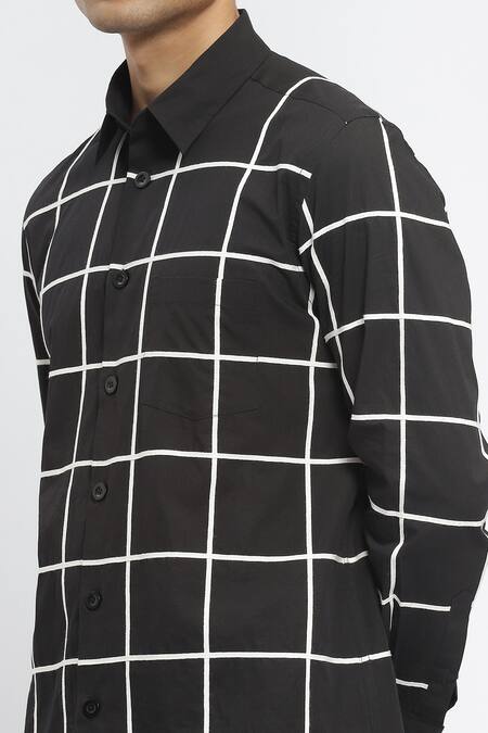 Abraham And Thakore_Black Cotton Classic Checks Print Shirt_at_Aza_Fashions